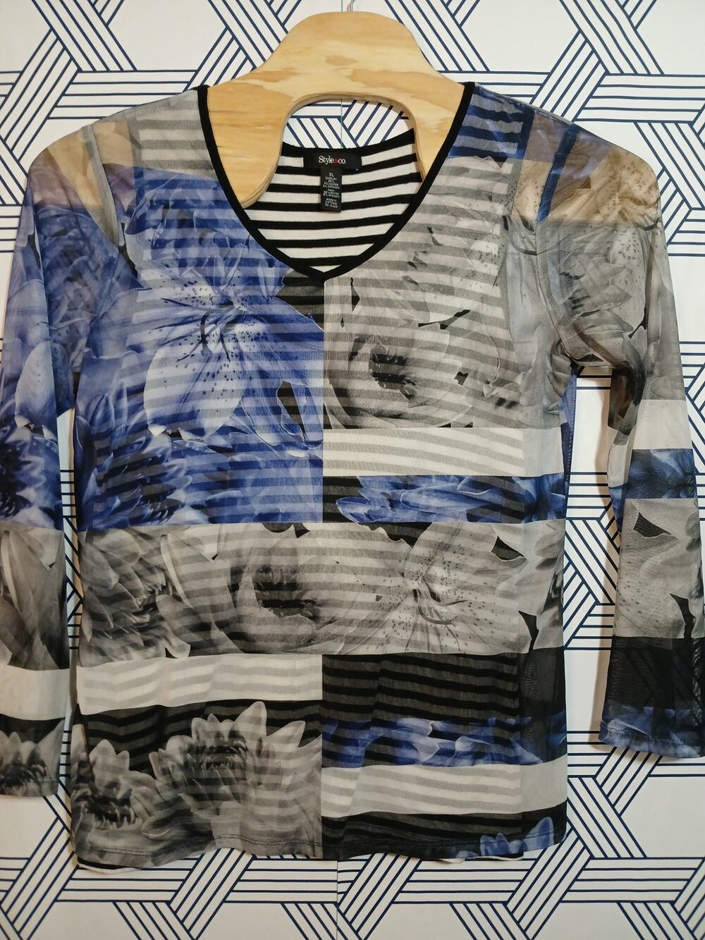 Style & Co Mesh Overlay Striped Top Sheer Layered Built-In Tank